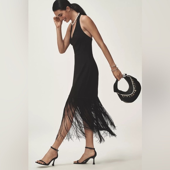 NWT! Anthropologie Hutch Plunge Halter Fringe Knit Midi Dress - Size XL 🐌 - Picture 1 of 5